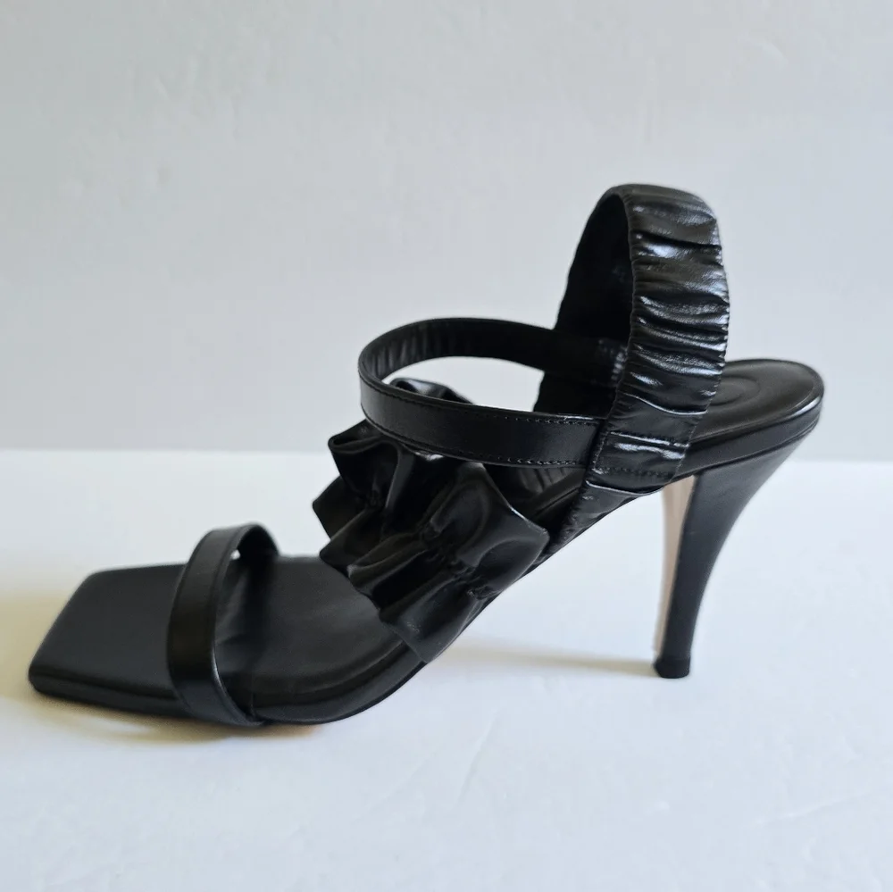 Ganni Ruffled Leather Slingback Sandals Size 39 US 9 Black - Picture 7 of 11